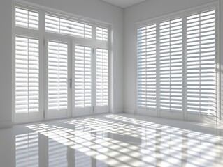 Bright minimalist interior with large white plantation shutters covering floor-to-ceiling windows, natural sunlight casts geometric shadows on glossy tiled flooring, creating clean spacious ambiance.