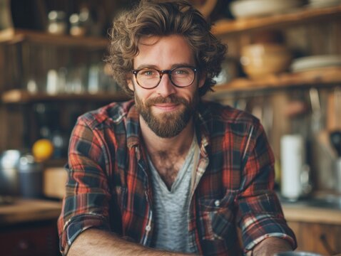 Bearded young man with wavy brown hair wearing plaid flannel shirt and glasses sitting in rustic coffee shop. Warm lighting reflecting on wooden shelves filled with kitchenware creating cozy.