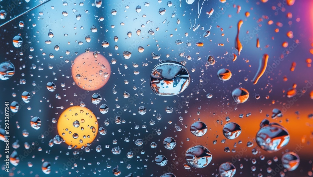 Poster colorful condensation droplets on a window pane creating an abstract background with illuminated bok