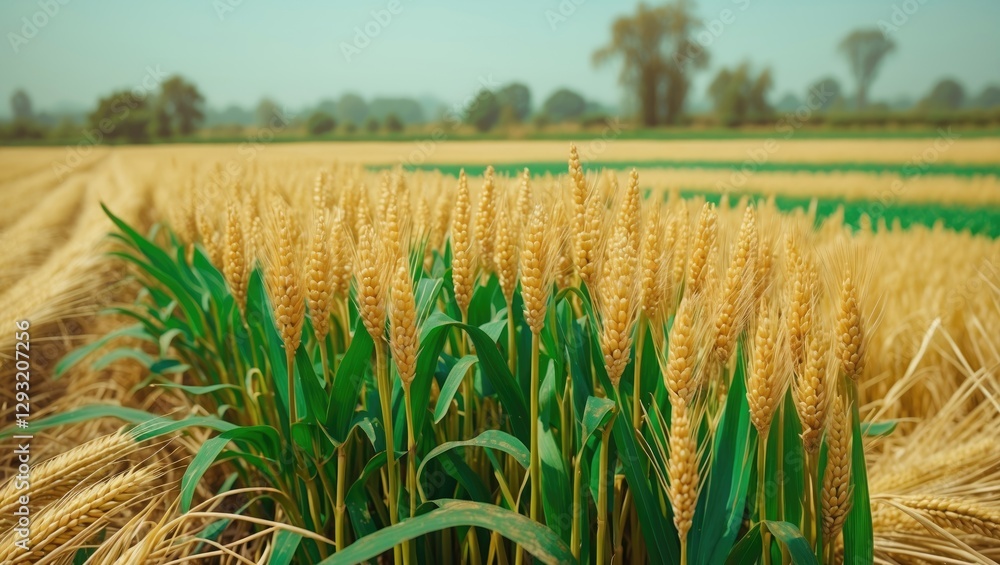 Poster golden wheat fields with lush green stalks under a clear sky featuring ample space for text or brand
