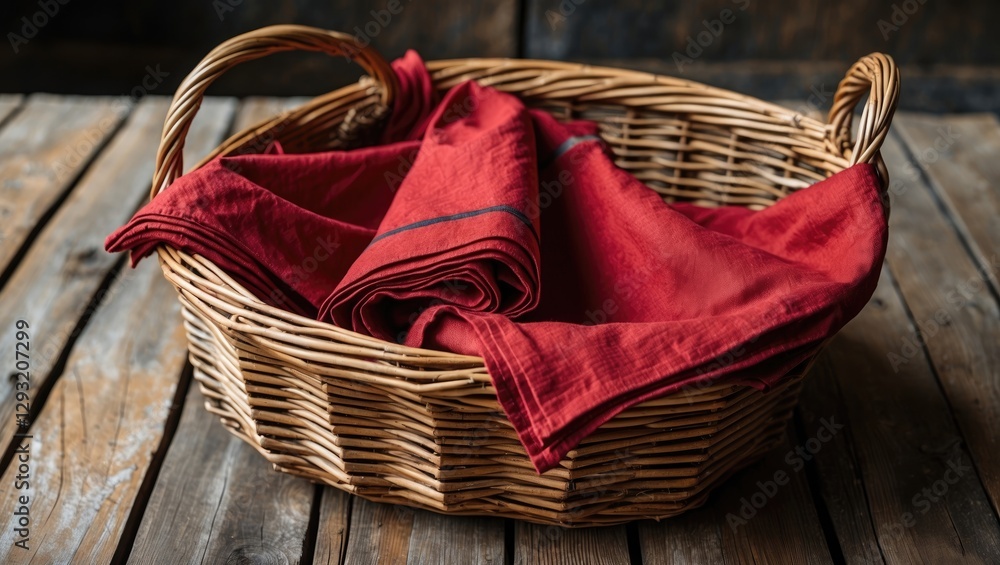 Poster wicker basket with red cotton napkin on rustic wooden table providing empty space for text or brandi
