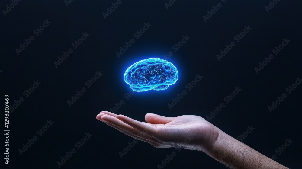 Poster brain on hand: conceptual artwork of a glowing blue brain floating above an open hand, symbolizing i