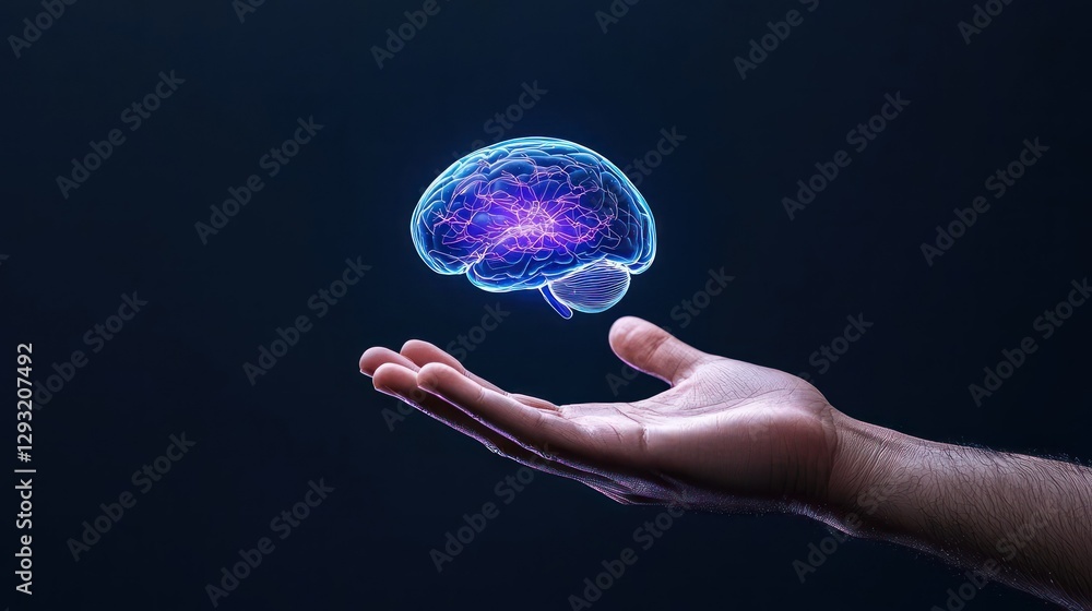 Poster brain in hand: an abstract visualization of a glowing brain levitating above a hand, suggesting inte