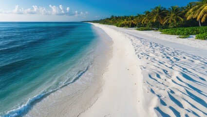 Serene Beach Landscape with White Sand and Turquoise Waters Under Clear Blue Skies Palm Trees in the Background