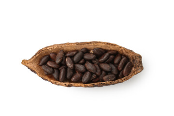 Cocoa pod with beans isolated on white, top view