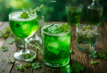 Beer mugs, glasses, glasses with green drink and white foam, decorated with clover leaves. They are standing on a wooden table, leaves are scattered around. A festive atmosphere!