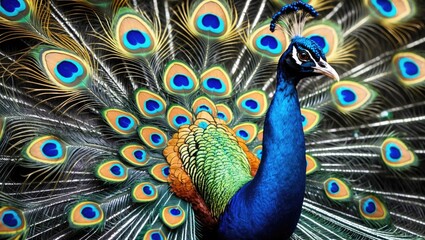 Vibrant peacock proudly displaying its stunning iridescent feathers in a colorful natural setting