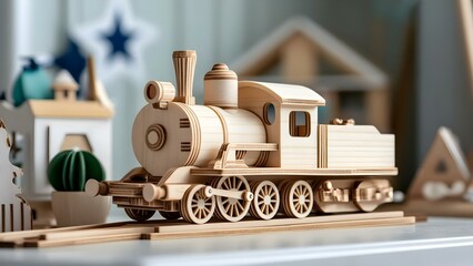 A detailed wooden toy train model displayed on a table with various decorative items in the background. Concept Wooden Toy Train Model, Table Display, Decorative Items, Artistic Composition