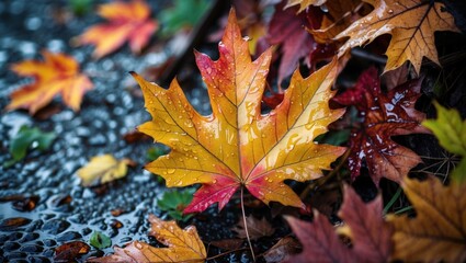 Vibrant wet maple leaf amidst fallen foliage showcasing autumn colors in a soft focus village setting with gentle raindrops.