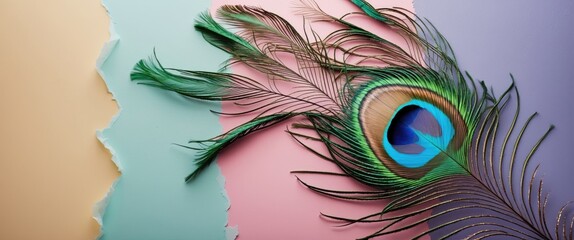 Naklejka premium Vibrant peacock feather placed artistically on a textured pastel color background showcasing elegance and beauty in design