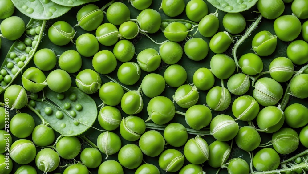Poster close-up view of fresh green peas and pea pods creating a vibrant textured background suitable for f