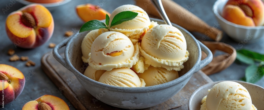 Poster homemade peach ice cream in a bowl with fresh peaches and empty copy space for text on a rustic tabl