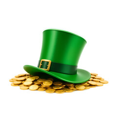 A green leprechaun hat nestled on a shiny pile of gold coins. On a white background