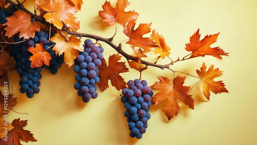 Poster grape branch with orange and brown leaves on a light yellow background creating a warm autumn theme 
