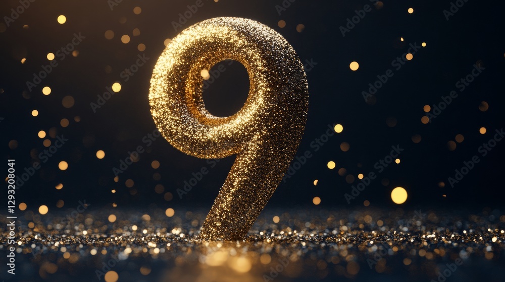 Poster golden number nine with sparkling glitter and bokeh on dark background. luxurious celebration and fe