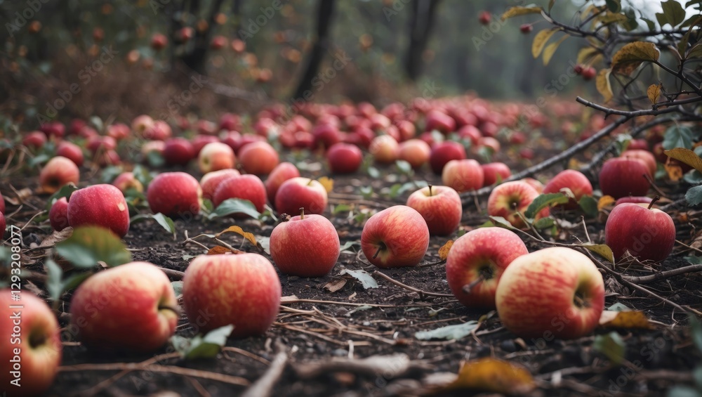 Aufkleber scattered red apples on ground in orchard after storm with natural background and space for text or 