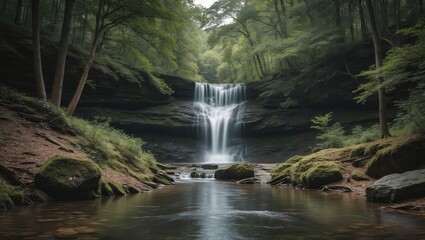 Tranquil Waterfall Surrounded by Lush Green Forest in a Serene Natural Setting