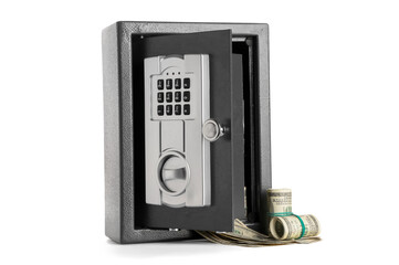 Open modern safe box with money isolated on white background