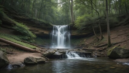 Tranquil Waterfall Nestled in Lush Green Forest Landscape with Serene Stream and Natural Features