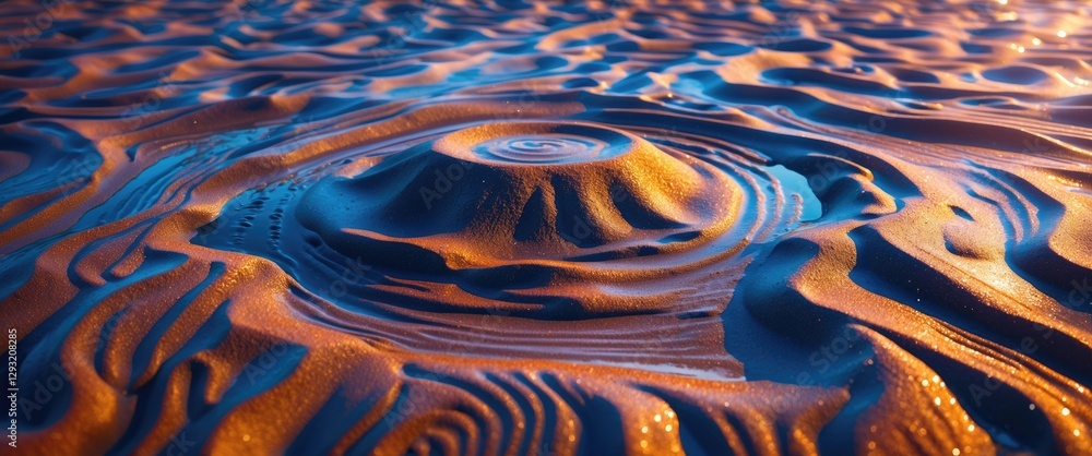 Aufkleber rippling wet sand creating mesmerizing patterns and textures under soft lighting on a beach surface.