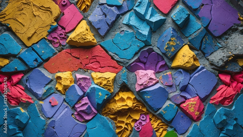 Poster vibrant abstract patterns and textures created by colorful cement fragments on a textured surface fo