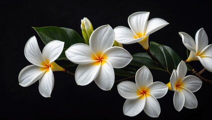 Fototapeta premium Plumeria Flower Arrangement on Dark Background Showcasing Natural Beauty and Elegance in Blooming Tropical Flora