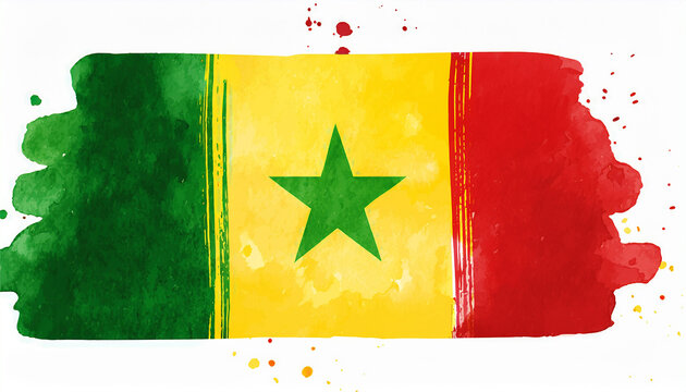 Watercolor painting of Senegal national flag. Independence day. Hand drawn art.