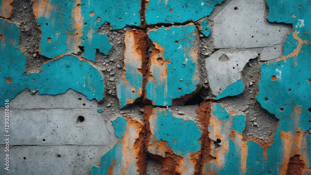 Aufkleber vintage concrete wall texture with peeling paint in vibrant blue and rust elements creating an abstr