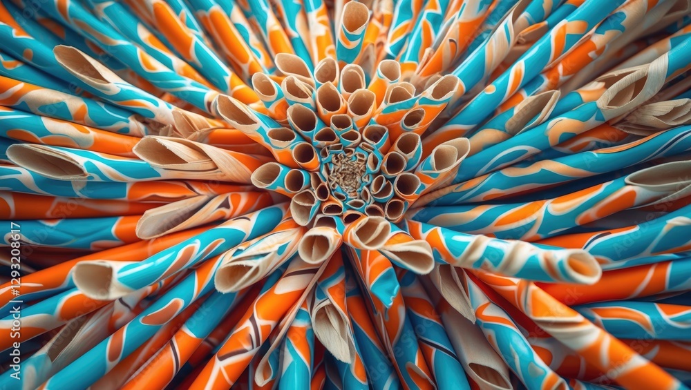 Poster colorful pattern of twisted straws in a spiral arrangement creating abstract design texture ideal fo