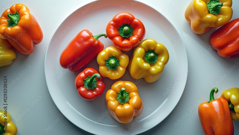 Poster vibrant bell peppers arrangement on white plate minimalist top view with empty space for text or bra