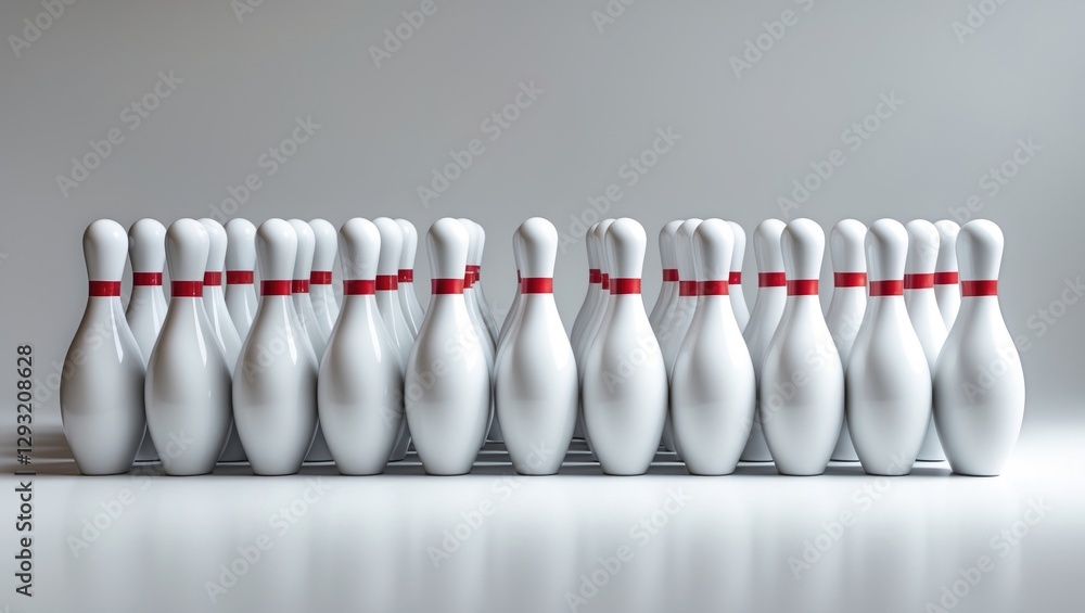 Poster row of white bowling pins lined up against a white background creating a minimalist business concept