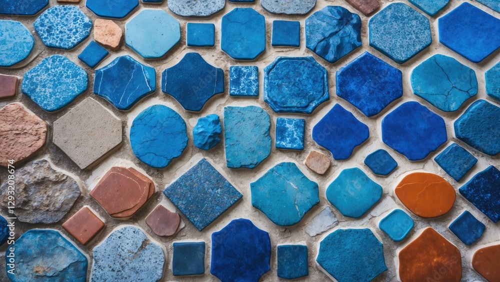 Poster decorative blue tiled mosaic featuring various shapes and textures creating a vibrant and artistic p