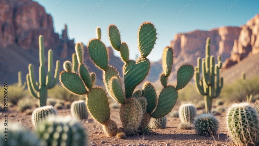 Poster exotic cacti in desert landscape with shallow depth of field and space for text or graphics in a nat