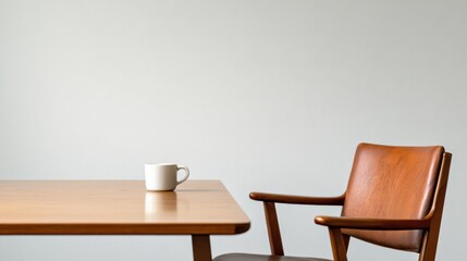Executive departures with a coffee cup and empty chair at a desk. Featuring leadership transition and reflection