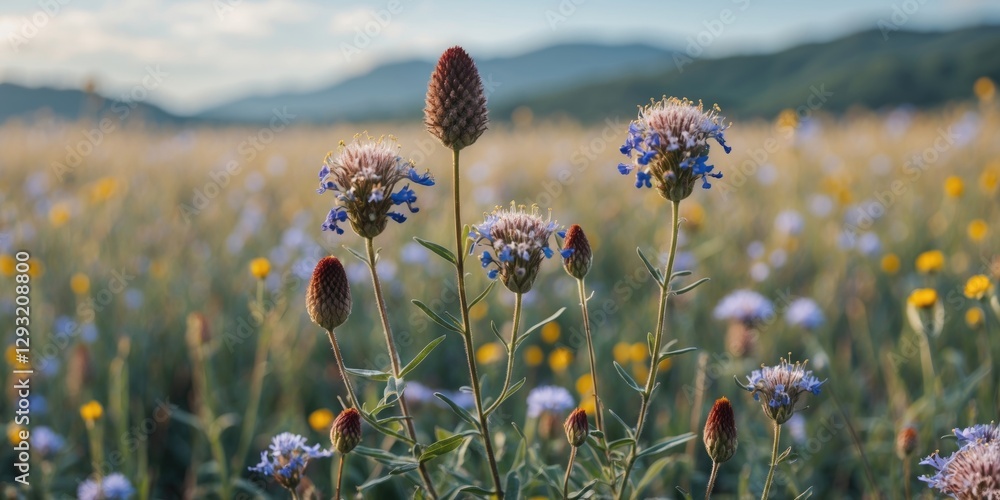 Poster wildflower field in vertical format with soft focus background and space for text overlay