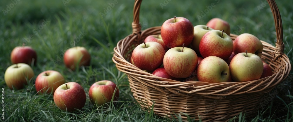 Poster wicker basket filled with fresh apples on green grass with scattered apples and blank space for text