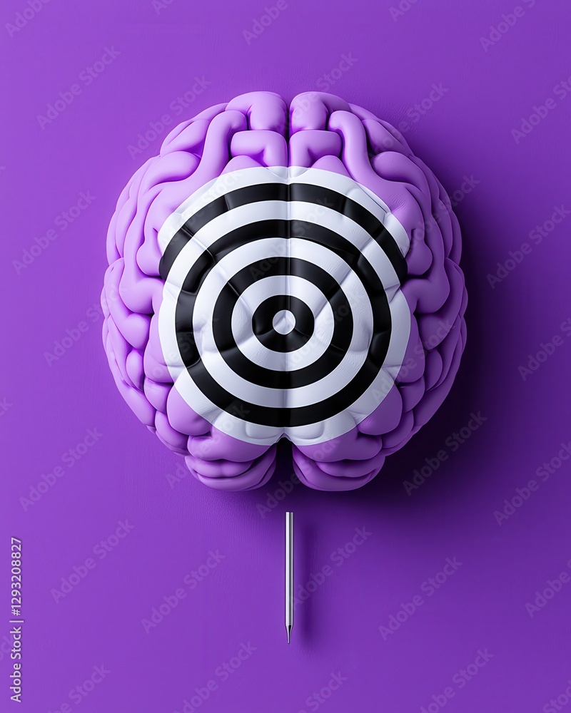 Poster creative representation of a brain with a dartboard pattern on a purple background.
