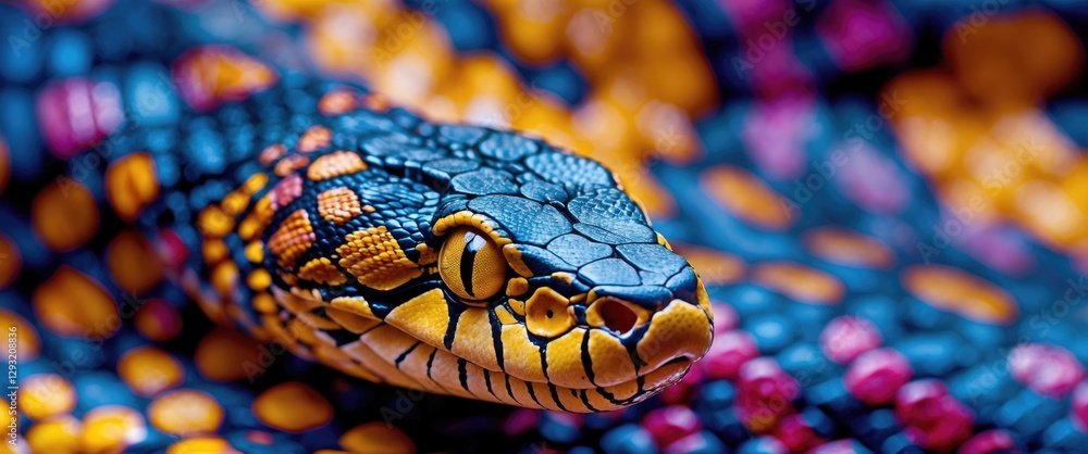 Poster vibrant close-up of a colorful python showcasing intricate skin patterns and textures in a mesmerizi
