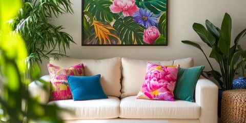 Bright and colorful living room with a cozy white sofa adorned with vibrant cushions. The lush plants enhance the fresh and lively decor style. Perfect for relaxation or inspiration. AI