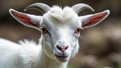 Close-Up Portrait of a White Goat with Soft Features and Empty Space for Text or Graphics in Natural Outdoor Setting