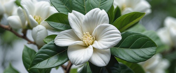 Obraz premium Elegant White Gardenia Blossom Surrounded by Lush Green Foliage in a Natural Setting