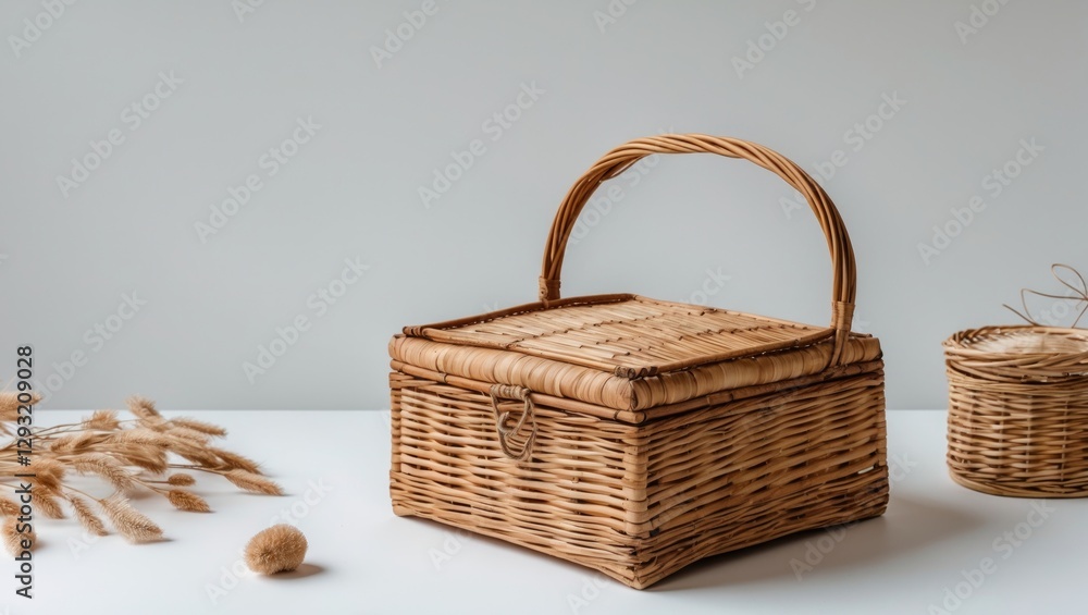 Poster wicker storage box with handle and natural decorative elements on neutral background