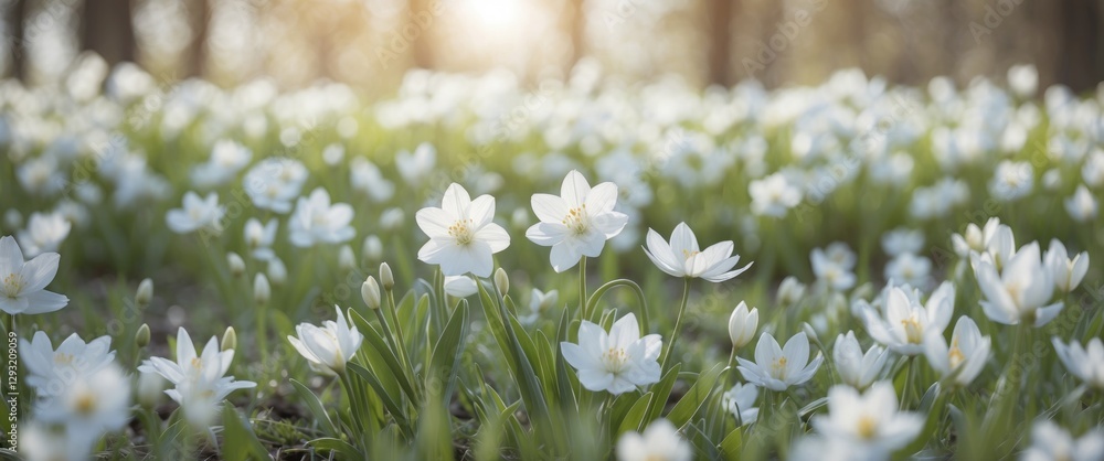 Poster white flower field in springtime with ample natural light and space for text overlays