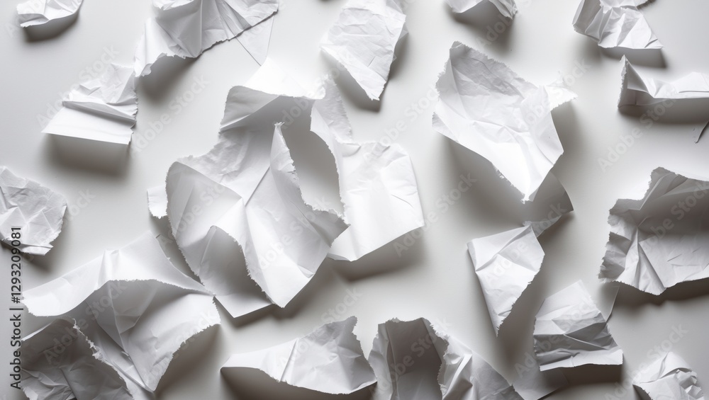 Aufkleber crumpled white paper pieces scattered on a bright background creating a texture for creative design 