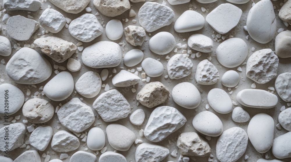 Poster white pebbles and stones arranged on a surface creating a textured background suitable for design an