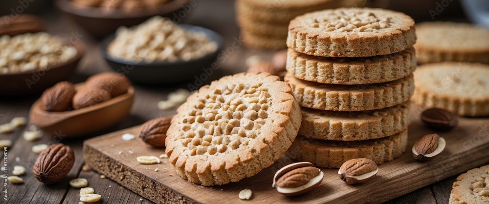 Poster whole grain shortbread cookies stacked with nuts on a rustic wooden surface with bowls of oats and a