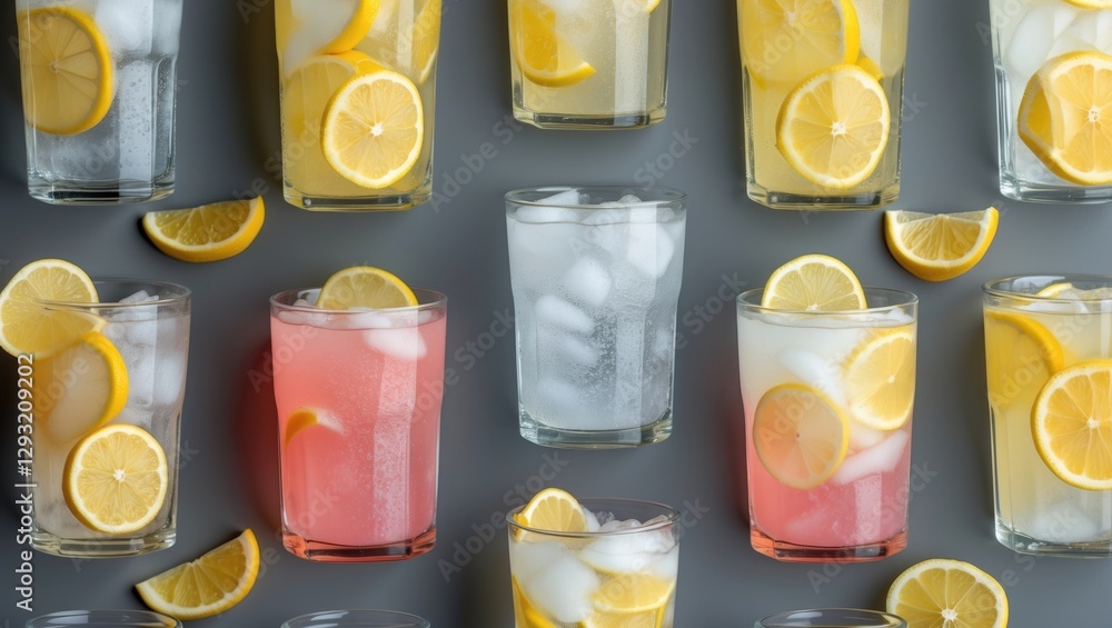 Poster assorted glasses of lemonade on gray background with citrus slices and space for text or branding in