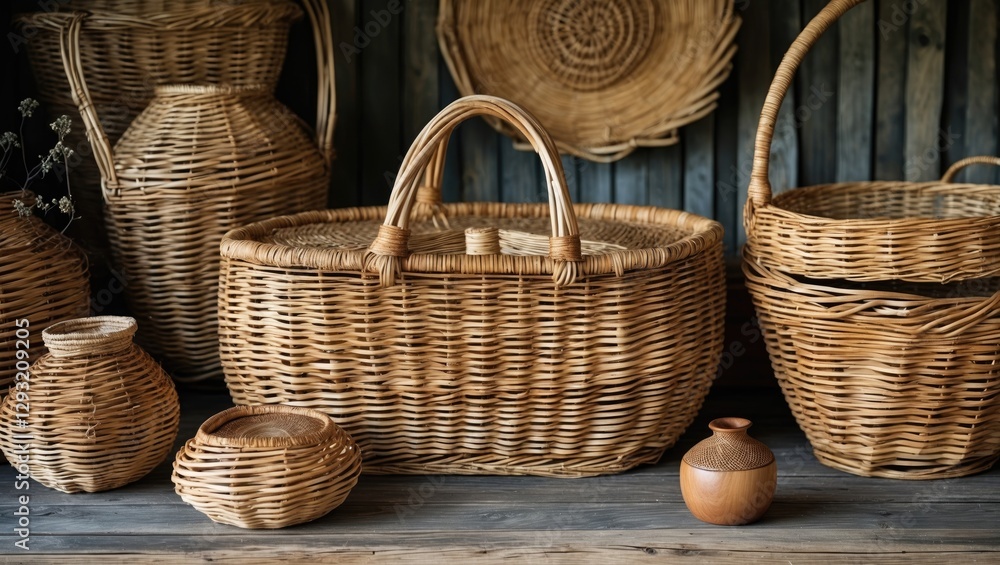 Poster wicker handicrafts collection with natural textures and empty space for creative text or marketing m