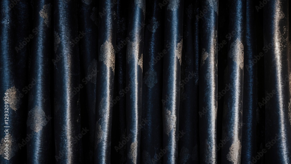Poster elegant black silk curtains showcasing intricate patterns with light and shadow creating a luxurious