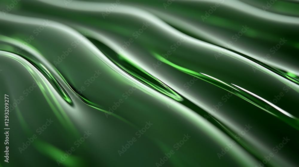 Poster smooth green abstract waves with glossy surface reflecting light and creating a calm aesthetic